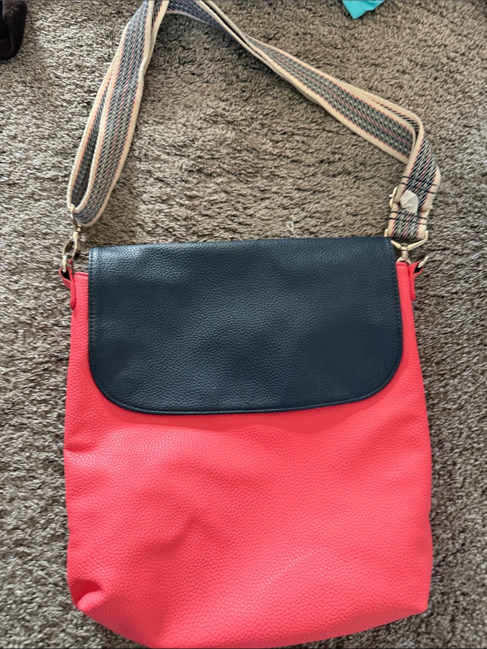 Coral and Black Two-Tone Crossbody Bag with Adjustable Woven Strap